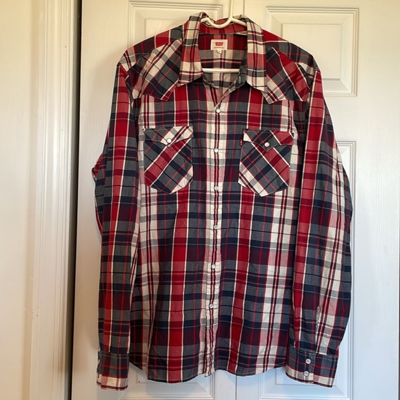 Men’s XXL Levi pearl snap Red/Blue Plaid Button down Shirt western cowboy rodeo - Picture 3 of 9